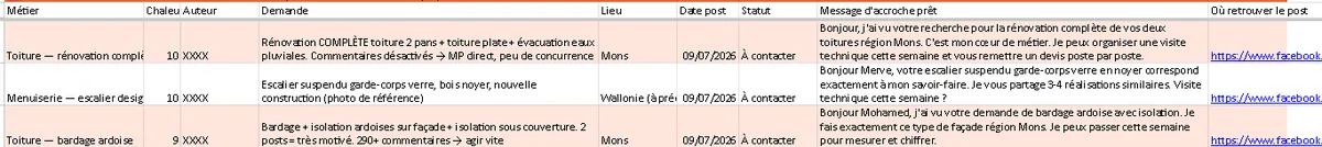 Exemple de liste de prospection livrée par Jules