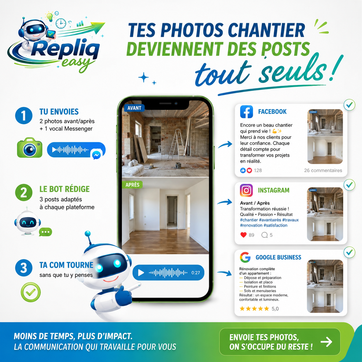 Photos chantier transformées en posts